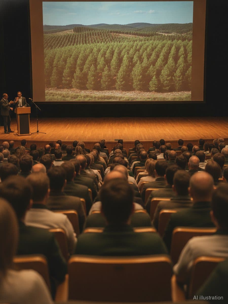 Audience in a university auditorium during a forest-health symposium (illustration)