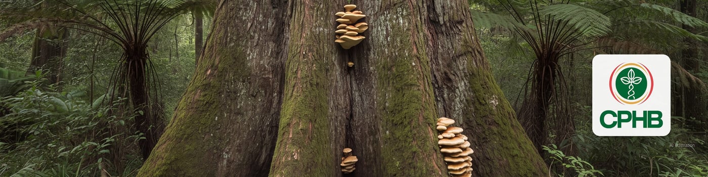The massive trunk of an indigenous Outeniqua yellowwood with bracket fungi in the Knysna forest (illustration)